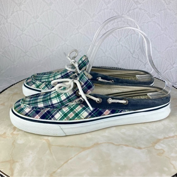 Sperry Top Sider Mules Womens Size 7.5 Green Blue Plaid Open Back Slides Shoes - Picture 6 of 11